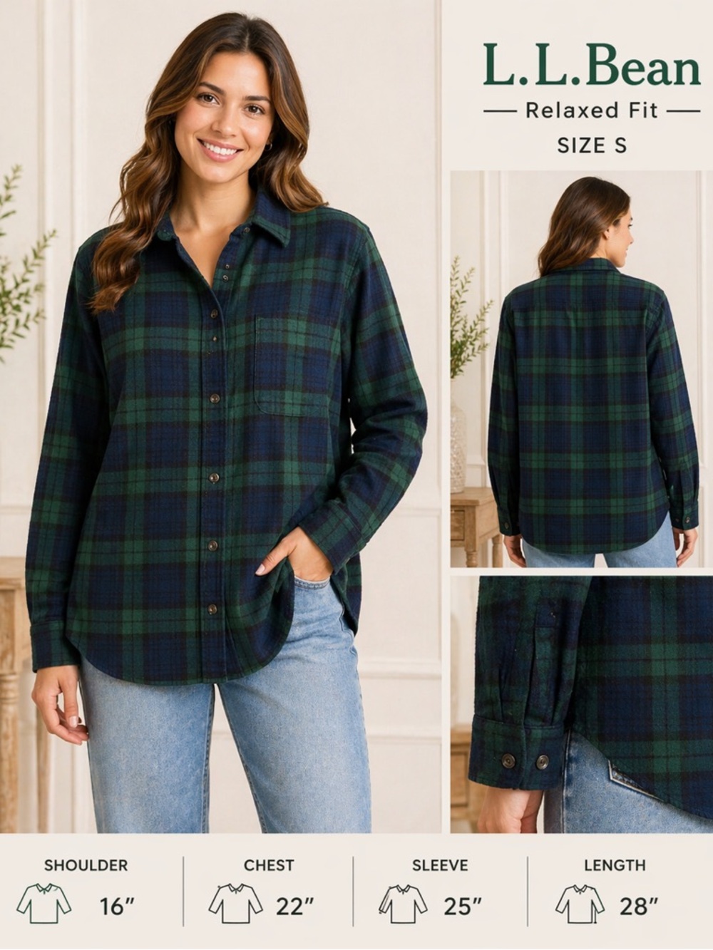 L.L. Bean Relaxed Fit Plaid Flannel Shirt Green Blue Button Down 100%cotton /S